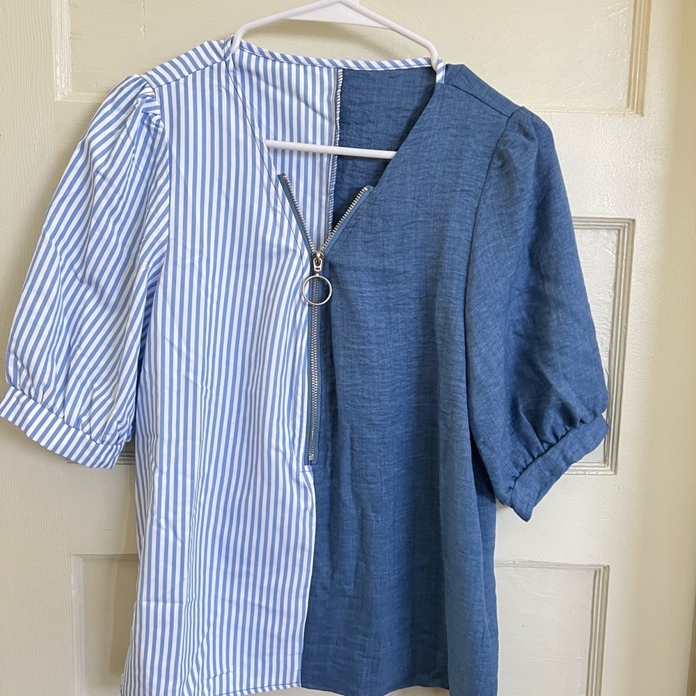 Striped Blue & Chambray Mixed-Panel Women's Top